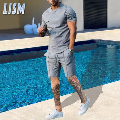 LISM Set nou solid de vară pentru bărbați, ocazional, streetwear, ținute pentru respirație, tricou cu mânecă scurtă și pantaloni scurți, costum pentru bărbați, trening sport