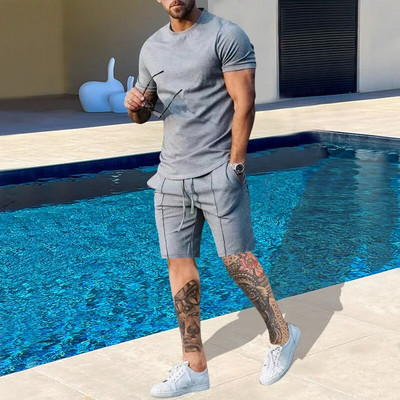 LISM Set nou solid de vară pentru bărbați, ocazional, streetwear, ținute pentru respirație, tricou cu mânecă scurtă și pantaloni scurți, costum pentru bărbați, trening sport