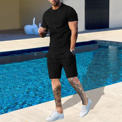 LISM Set nou solid de vară pentru bărbați, ocazional, streetwear, ținute pentru respirație, tricou cu mânecă scurtă și pantaloni scurți, costum pentru bărbați, trening sport