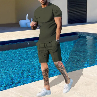 LISM Set nou solid de vară pentru bărbați, ocazional, streetwear, ținute pentru respirație, tricou cu mânecă scurtă și pantaloni scurți, costum pentru bărbați, trening sport