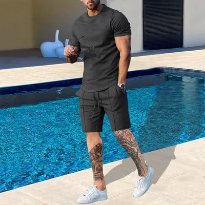 LISM Set nou solid de vară pentru bărbați, ocazional, streetwear, ținute pentru respirație, tricou cu mânecă scurtă și pantaloni scurți, costum pentru bărbați, trening sport
