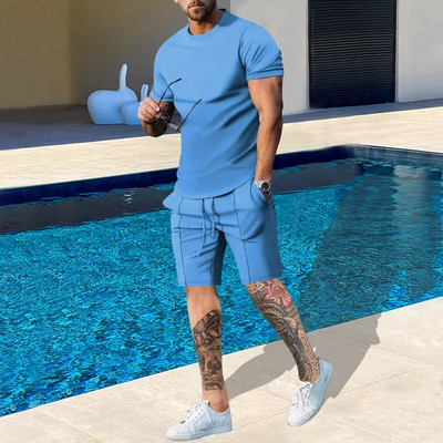 LISM Set nou solid de vară pentru bărbați, ocazional, streetwear, ținute pentru respirație, tricou cu mânecă scurtă și pantaloni scurți, costum pentru bărbați, trening sport