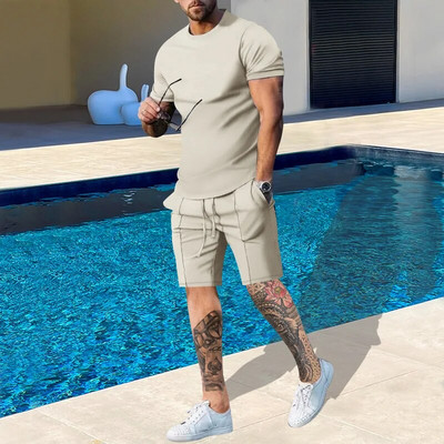 LISM Set nou solid de vară pentru bărbați, ocazional, streetwear, ținute pentru respirație, tricou cu mânecă scurtă și pantaloni scurți, costum pentru bărbați, trening sport