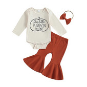 Bebeluși Fetițe Haine de Halloween Dovleac imprimeu cu litere Mâneci lungi Romper și pantaloni evazați cu nervuri Bentita 3 piese Ținute