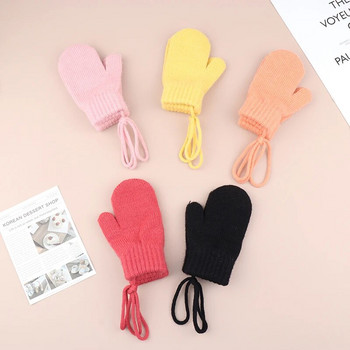 Вълнени детски зимни ръкавици за момичета Момчета Едноцветни детски ръкавици с презрамки Топли бебешки аксесоари