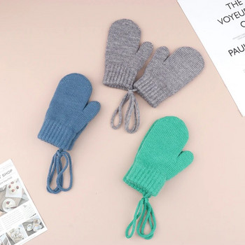 Вълнени детски зимни ръкавици за момичета Момчета Едноцветни детски ръкавици с презрамки Топли бебешки аксесоари