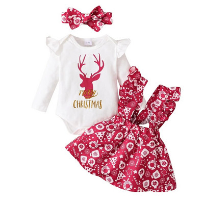 Set de costume de Crăciun pentru fetiță 0-18 luni Salopetă + Fusta cu bretele + Crăciun Set 3 bucăți Fusta prințesă Îmbrăcăminte de Anul Nou pentru fetiță