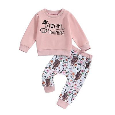 Suefunskry ținută de toamnă pentru fete mici, hanorac cu mânecă lungă cu imprimeu cu litere, pulover, topuri, set de pantaloni cu imprimeu floral, bovine, 0-3 ani