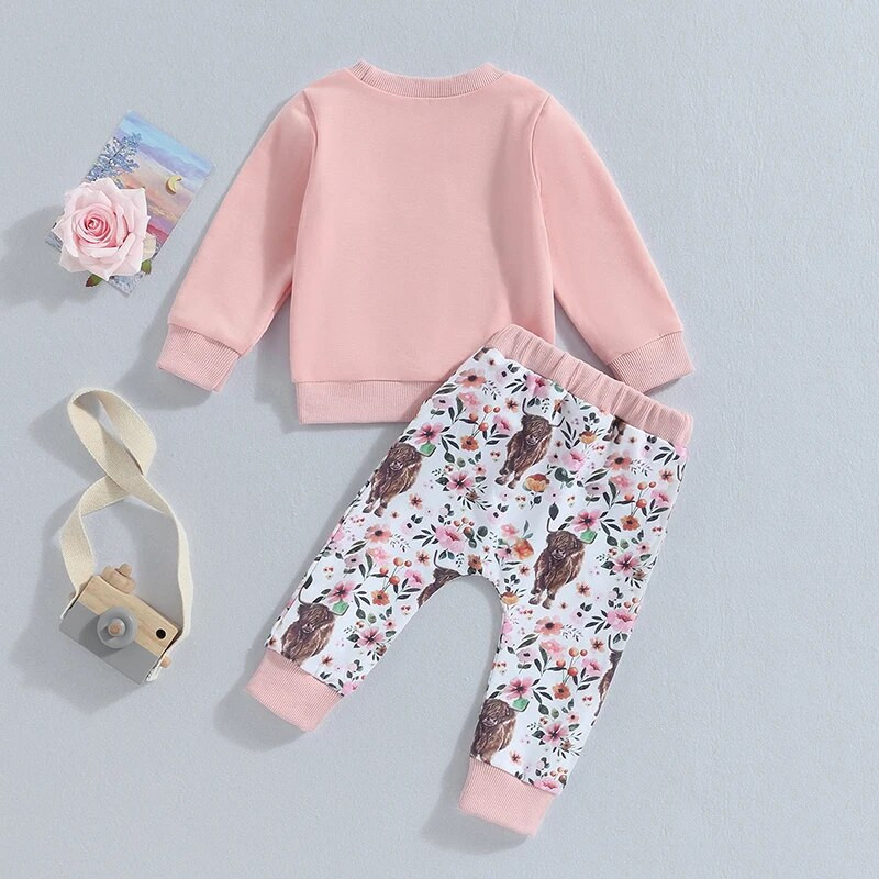 Suefunskry Φθινοπωρινή στολή για νήπια για κορίτσια με μακρυμάνικο γράμμα στάμπα Φούτερ πουλόβερ Μπλούζες με λουλουδάτο σετ παντελονιών με στάμπα βοοειδών 0-3 ετών