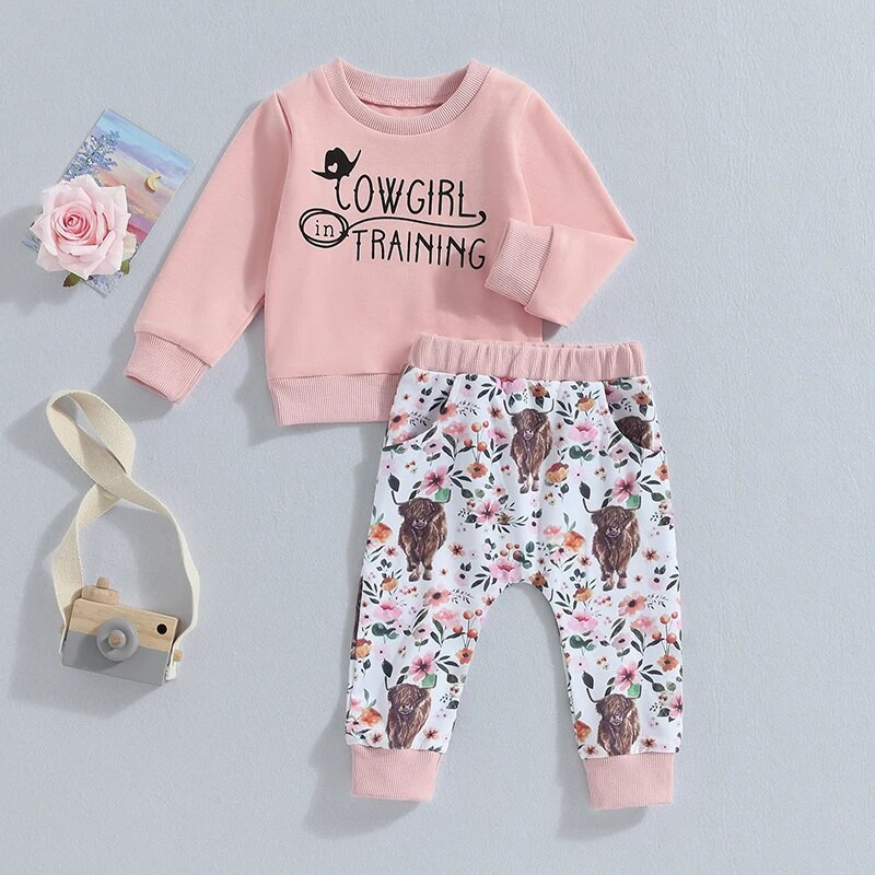 Suefunskry Φθινοπωρινή στολή για νήπια για κορίτσια με μακρυμάνικο γράμμα στάμπα Φούτερ πουλόβερ Μπλούζες με λουλουδάτο σετ παντελονιών με στάμπα βοοειδών 0-3 ετών
