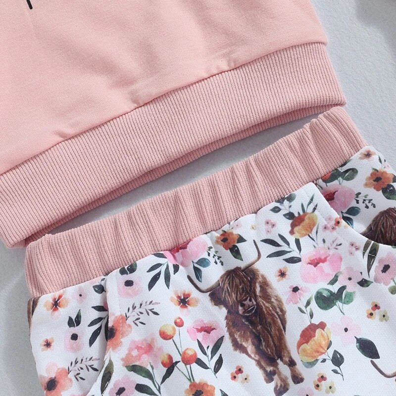 Suefunskry Φθινοπωρινή στολή για νήπια για κορίτσια με μακρυμάνικο γράμμα στάμπα Φούτερ πουλόβερ Μπλούζες με λουλουδάτο σετ παντελονιών με στάμπα βοοειδών 0-3 ετών