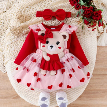 ma&baby 0-18M Χριστουγεννιάτικα νεογέννητα βρεφικά ρούχα κοριτσάκι Σετ μακρυμάνικο κόκκινο Romper Καρδιά στάμπα Φούστα Headband Χριστουγεννιάτικες στολές D05