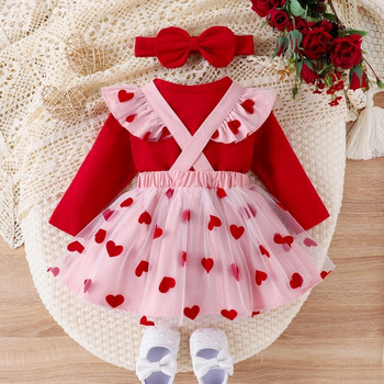 ma&baby 0-18M Χριστουγεννιάτικα νεογέννητα βρεφικά ρούχα κοριτσάκι Σετ μακρυμάνικο κόκκινο Romper Καρδιά στάμπα Φούστα Headband Χριστουγεννιάτικες στολές D05