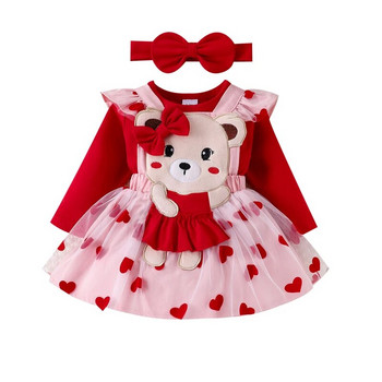 ma&baby 0-18M Коледен комплект дрехи за новородени бебета и момичета с дълъг ръкав, червен гащеризон, пола с принт на сърца, лента за глава, коледни костюми D05
