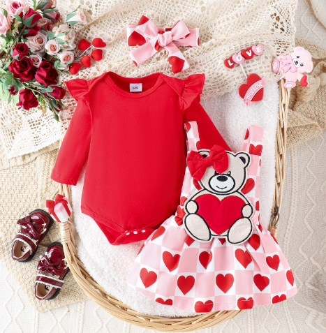 ma&baby 0-18M Χριστουγεννιάτικα νεογέννητα βρεφικά ρούχα κοριτσάκι Σετ μακρυμάνικο κόκκινο Romper Καρδιά στάμπα Φούστα Headband Χριστουγεννιάτικες στολές D05