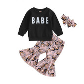 Toddler Girls 3PCS Σετ παντελονιών Halloween Μακρυμάνικα γράμματα με στάμπα και φλοράλ παντελόνια με κορδόνια