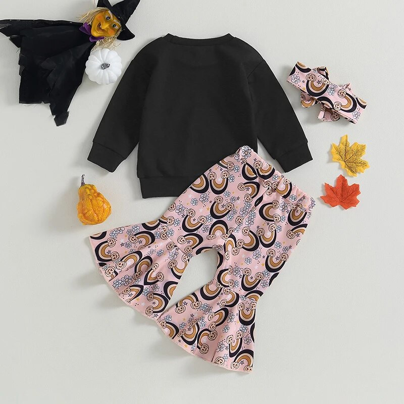 Toddler Girls 3PCS Σετ παντελονιών Halloween Μακρυμάνικα γράμματα με στάμπα και φλοράλ παντελόνια με κορδόνια