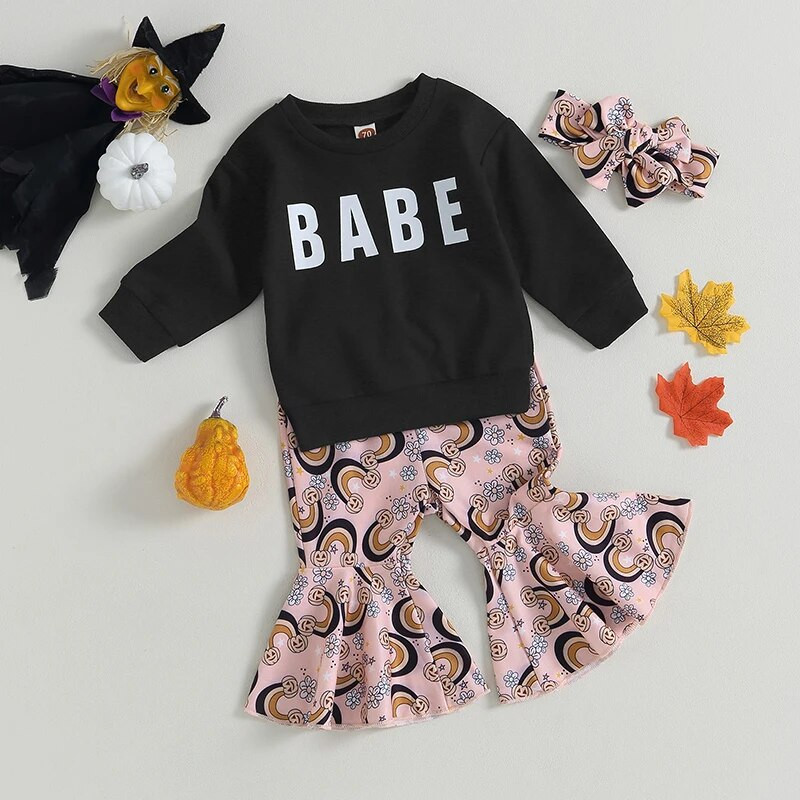 Toddler Girls 3PCS Σετ παντελονιών Halloween Μακρυμάνικα γράμματα με στάμπα και φλοράλ παντελόνια με κορδόνια