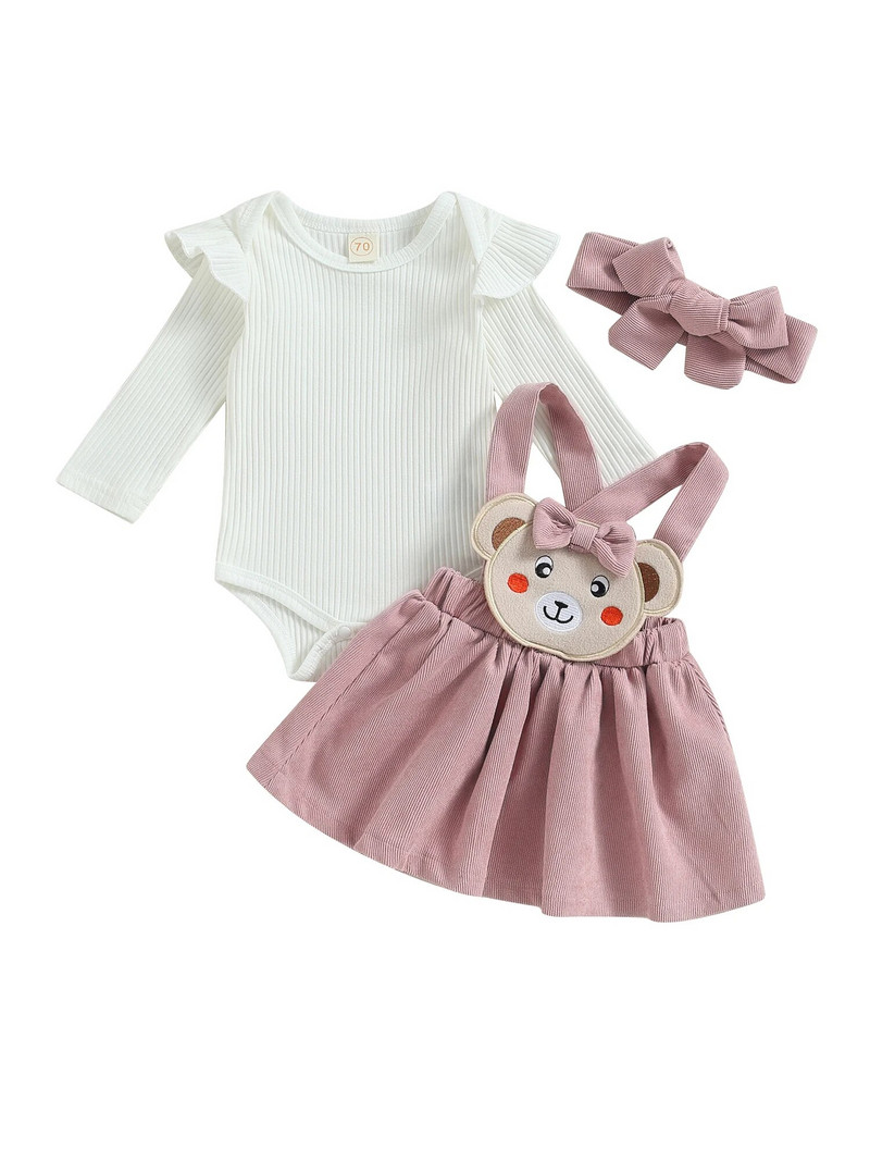 Βρεφικά νήπια κοριτσίστικα χειμερινά φθινοπωρινά ρούχα 0-3 6 9 12 μηνών Μακρυμάνικο Romper Bear Ζαρτιέ Φούστα Κεφαλόδεσμος Σετ ρούχων