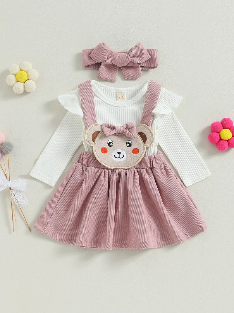 Βρεφικά νήπια κοριτσίστικα χειμερινά φθινοπωρινά ρούχα 0-3 6 9 12 μηνών Μακρυμάνικο Romper Bear Ζαρτιέ Φούστα Κεφαλόδεσμος Σετ ρούχων