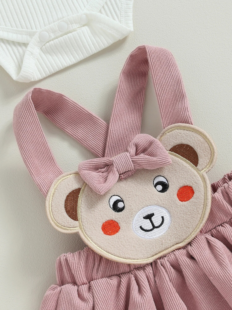 Βρεφικά νήπια κοριτσίστικα χειμερινά φθινοπωρινά ρούχα 0-3 6 9 12 μηνών Μακρυμάνικο Romper Bear Ζαρτιέ Φούστα Κεφαλόδεσμος Σετ ρούχων