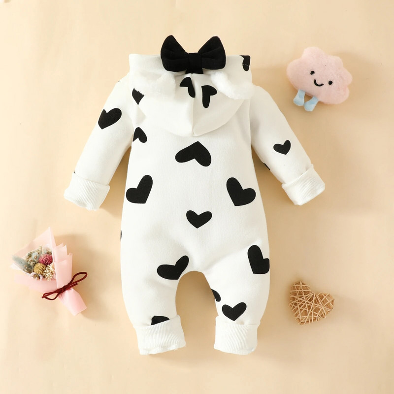 Baby Cute Φιόγκος μακρυμάνικο καπέλο φερμουάρ Ζεστό εξωτερικό φόρεμα Μήκος μωρό Romper Κορίτσια του χειμώνα λατρεύουν χοντρό μακρύ μωρό Romper