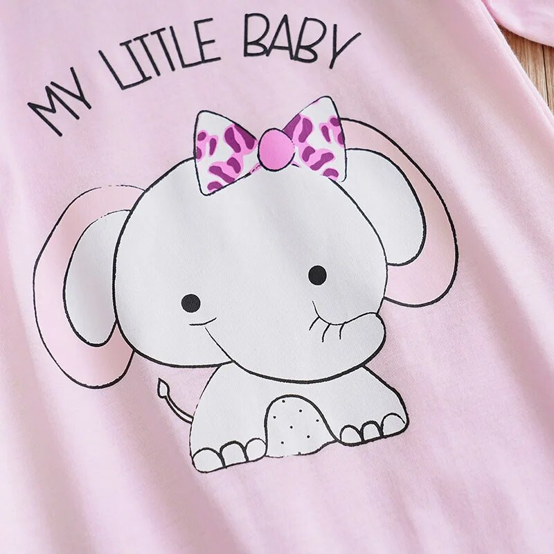 Body pentru bebeluși cu mânecă lungă din bumbac, cu imprimeu elefant, cu funda drăguță de desene animate pentru fete de primăvară și toamnă