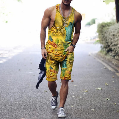 2022. aasta suvine meeste topp + spordipüksid Harajuku 3D lipsuvärviga prinditud vabaaja sportlik välispordiga meestele, 2 tk, suurus S-4XL