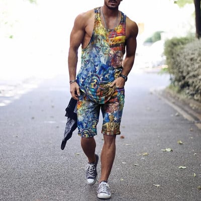 2022. aasta suvine meeste topp + spordipüksid Harajuku 3D lipsuvärviga prinditud vabaaja sportlik välispordiga meestele, 2 tk, suurus S-4XL