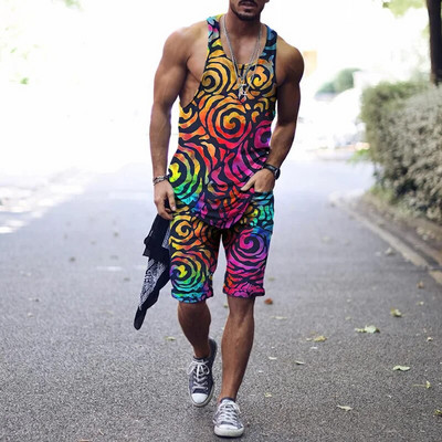 2022. aasta suvine meeste topp + spordipüksid Harajuku 3D lipsuvärviga prinditud vabaaja sportlik välispordiga meestele, 2 tk, suurus S-4XL