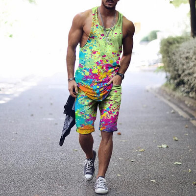 2022. aasta suvine meeste topp + spordipüksid Harajuku 3D lipsuvärviga prinditud vabaaja sportlik välispordiga meestele, 2 tk, suurus S-4XL