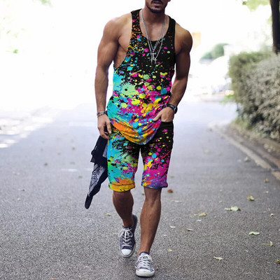 2022. aasta suvine meeste topp + spordipüksid Harajuku 3D lipsuvärviga prinditud vabaaja sportlik välispordiga meestele, 2 tk, suurus S-4XL
