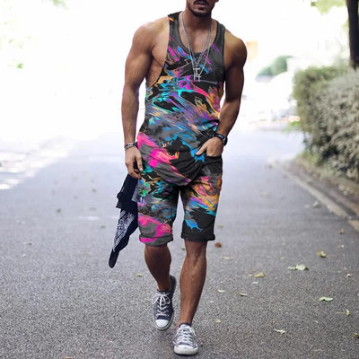 2022. aasta suvine meeste topp + spordipüksid Harajuku 3D lipsuvärviga prinditud vabaaja sportlik välispordiga meestele, 2 tk, suurus S-4XL