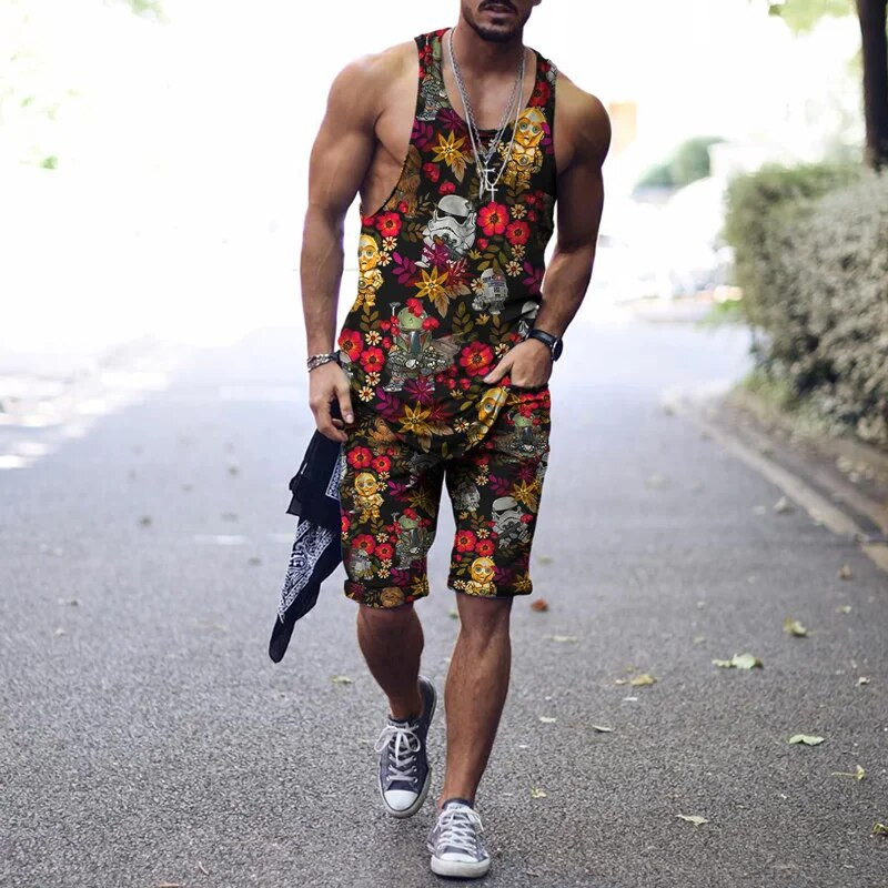 2022. aasta suvine meeste topp + spordipüksid Harajuku 3D lipsuvärviga prinditud vabaaja sportlik välispordiga meestele, 2 tk, suurus S-4XL