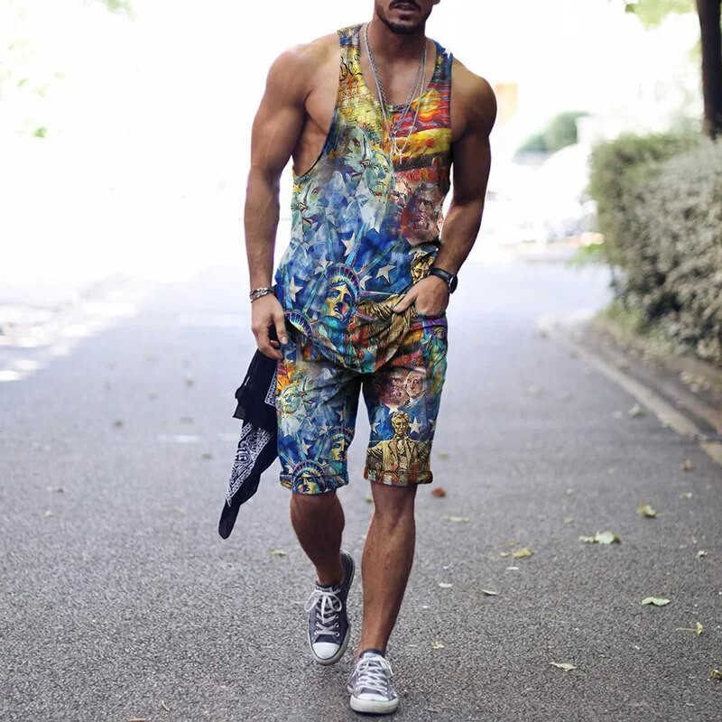 2022. aasta suvine meeste topp + spordipüksid Harajuku 3D lipsuvärviga prinditud vabaaja sportlik välispordiga meestele, 2 tk, suurus S-4XL