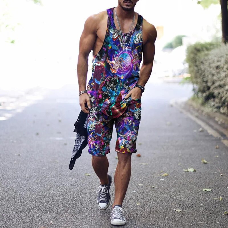 2022. aasta suvine meeste topp + spordipüksid Harajuku 3D lipsuvärviga prinditud vabaaja sportlik välispordiga meestele, 2 tk, suurus S-4XL