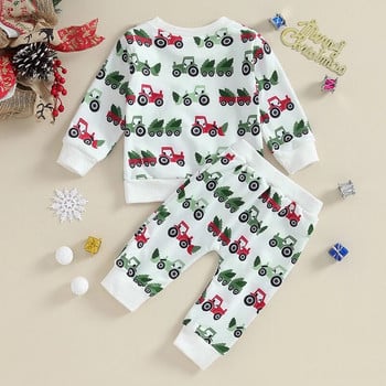 Suefunskry Toddler Boys Girls Christmas 2Pcs Outfits Truck Christmas Tree Print Суичър с дълъг ръкав и дълъг панталон Есенен комплект