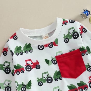 Suefunskry Toddler Boys Girls Christmas 2Pcs Outfits Truck Christmas Tree Print Суичър с дълъг ръкав и дълъг панталон Есенен комплект