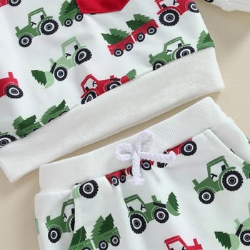 Suefunskry Toddler Boys Girls Christmas 2Pcs Outfits Truck Christmas Tree Print Суичър с дълъг ръкав и дълъг панталон Есенен комплект