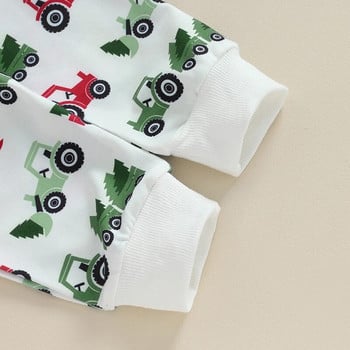 Suefunskry Toddler Boys Girls Christmas 2Pcs Outfits Truck Christmas Tree Print Суичър с дълъг ръкав и дълъг панталон Есенен комплект