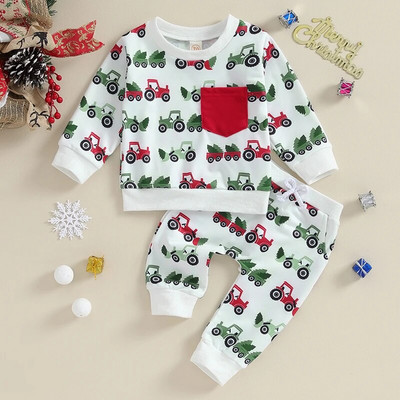 Suefunskry Toddler Boys Girls Christmas 2Pcs Outfits Truck Christmas Tree Print Суичър с дълъг ръкав и дълъг панталон Есенен комплект