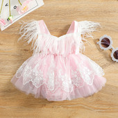 Bebeluș fetiță rochie prințesă rochie drăguță fără mâneci ciucuri cu pene dantelă brodat tul rochie tutu pentru petrecerea de aniversare 0-24 m