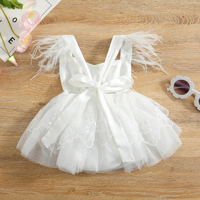 Bebeluș fetiță rochie prințesă rochie drăguță fără mâneci ciucuri cu pene dantelă brodat tul rochie tutu pentru petrecerea de aniversare 0-24 m