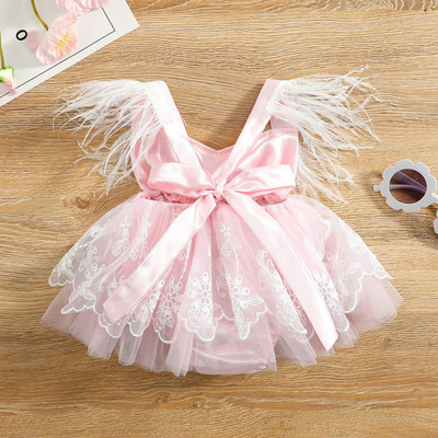 Bebeluș fetiță rochie prințesă rochie drăguță fără mâneci ciucuri cu pene dantelă brodat tul rochie tutu pentru petrecerea de aniversare 0-24 m