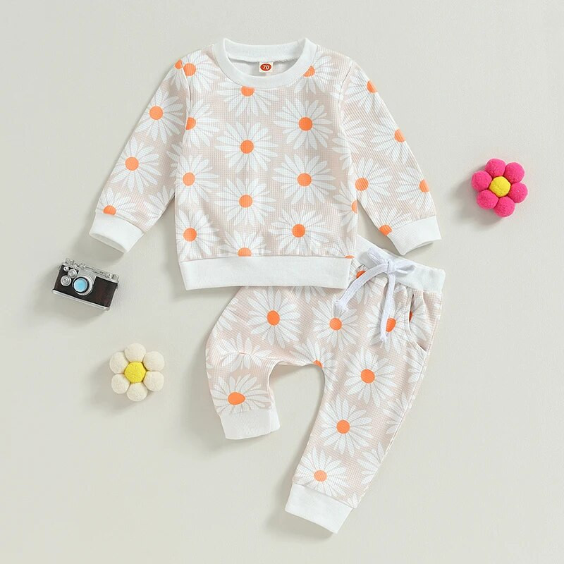 Beebitüdrukute 2-osaline riietus, lillemustriga pikkade varrukatega ja kaelusega kampsun elastse vöökohaga dressipüksid sügisriided