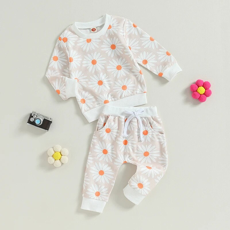 Beebitüdrukute 2-osaline riietus, lillemustriga pikkade varrukatega ja kaelusega kampsun elastse vöökohaga dressipüksid sügisriided