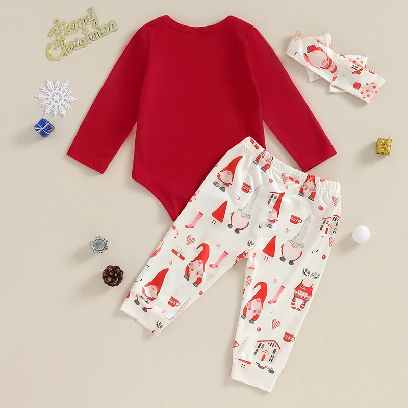 Suefunskry Νεογέννητα κοριτσάκια Πρώτη Χριστουγεννιάτικη Στολή Επιστολή Εκτύπωση Μακρυμάνικο Romper Παντελόνι με μοτίβο Άγιου Βασίλη Σετ κεφαλόδεσμο 3 τεμ.