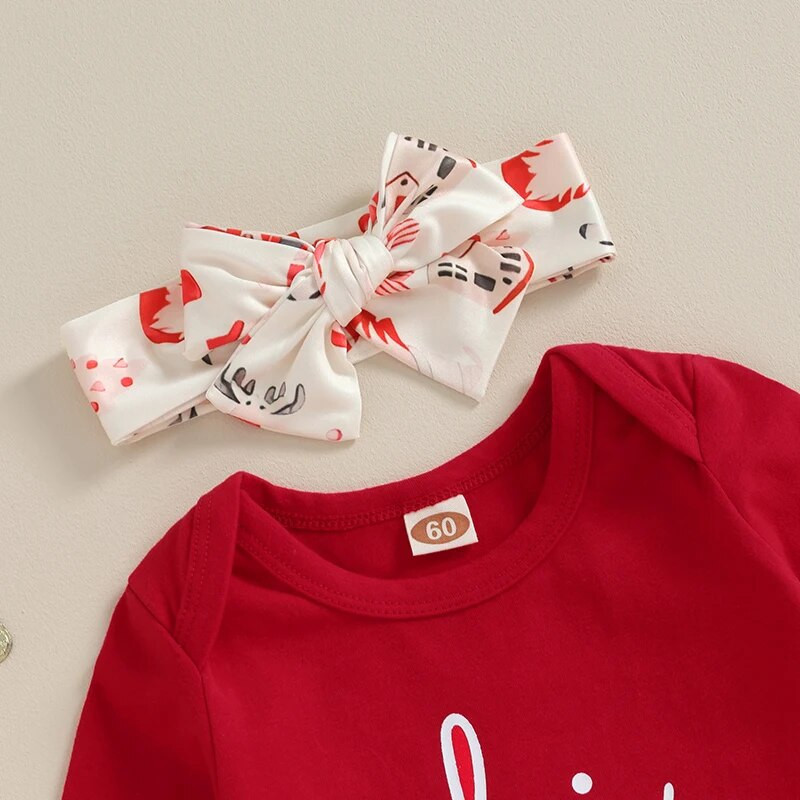 Suefunskry Νεογέννητα κοριτσάκια Πρώτη Χριστουγεννιάτικη Στολή Επιστολή Εκτύπωση Μακρυμάνικο Romper Παντελόνι με μοτίβο Άγιου Βασίλη Σετ κεφαλόδεσμο 3 τεμ.