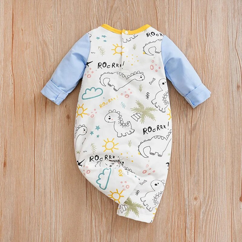 Băieți și fete de primăvară și toamnă drăguț din dinozaur din desene animate cu imprimeu complet cu bretele false body confortabil pentru bebeluși cu mânecă lungă