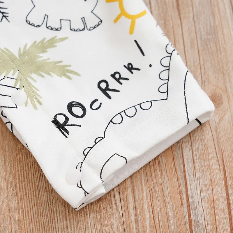 Băieți și fete de primăvară și toamnă drăguț din dinozaur din desene animate cu imprimeu complet cu bretele false body confortabil pentru bebeluși cu mânecă lungă